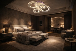 Lustră LED modernă cu cercuri cristaline și efect decorativ violet, perfectă pentru dormitoare elegante