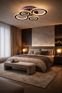 Lustră LED modernă cu cercuri luminoase și efect decorativ mov, perfectă pentru living sau dormitor