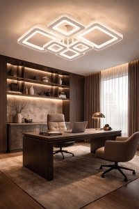 Lustră LED modernă cu mai multe rame pătrate suprapuse, cu lumină caldă difuză și design geometric elegant