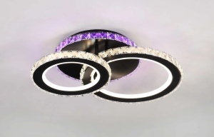 Lustră LED modernă cu două cercuri luminoase și cristale acrilice, ideală pentru un iluminat elegant și decorativ în orice cameră