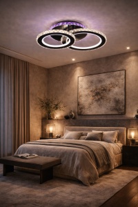 Lustră LED modernă cu două cercuri luminoase și cristale acrilice, ideală pentru un iluminat elegant și decorativ în orice cameră