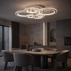 Plafonieră LED modernă cu cercuri iluminante din cristale acrilice, ideală pentru un decor elegant și luminos