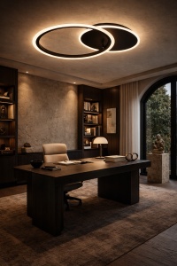 Lustră LED modernă cu design în cercuri împletite, ideală pentru dormitoare și livinguri elegante, oferind lumină uniformă și un aspect minimalist