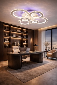 Lustră LED modernă cu cercuri cristaline și lumină ambientală mov, ideală pentru living sau dormitor