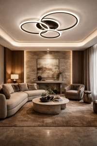Lustră LED modernă cu design în cercuri împletite, ideală pentru dormitoare și livinguri elegante, oferind lumină uniformă și un aspect minimalist