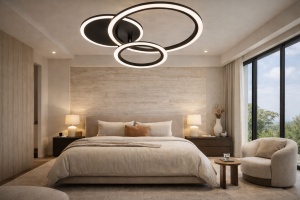 Lustră LED modernă cu design în cercuri împletite, ideală pentru dormitoare și livinguri elegante, oferind lumină uniformă și un aspect minimalist