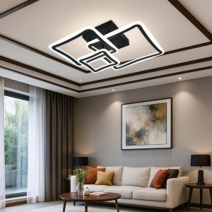 Lustră LED modernă cu rame pătrate interconectate și iluminare albă, într-un design geometric elegant