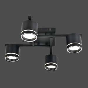 Plafonieră LED modernă cu spoturi direcționabile, design negru mat și accente circulare luminoase