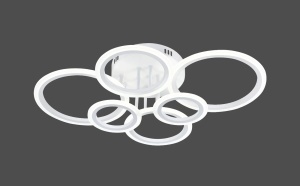 Lustră LED modernă cu sase cercuri luminoase suprapuse, realizate din cadru alb cu iluminare integrată