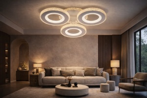 Lustră LED modernă cu trei inele luminoase circulare, design minimalist în tonuri albe și iluminare decorativă
