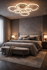 Lustră LED modernă cu inele luminoase concentrice și design geometric alb, integrată într-un decor contemporan