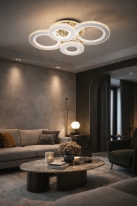 Lustră LED modernă cu patru inele luminoase albe și accente cristaline