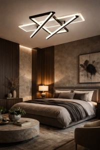 Lustră LED modernă cu elemente liniare și rame geometrice în nuanțe de negru și alb, cu iluminare caldă integrată