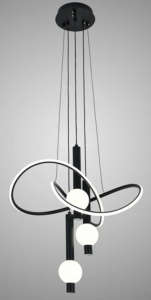 Lustră modernă suspendată cu design abstract, LED integrat și globuri luminoase opal, finisaj negru elegant, ideală pentru living, dining sau interioare contemporane
