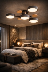 Lustră LED modernă cu 4 discuri luminoase montată pe tavanul unui dormitor minimalist