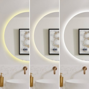 oglindă LED rotunda, moderna,  cu funcție de dezaburire, ceas digital, termometru și trei tipuri de lumină – rece, caldă și neutră