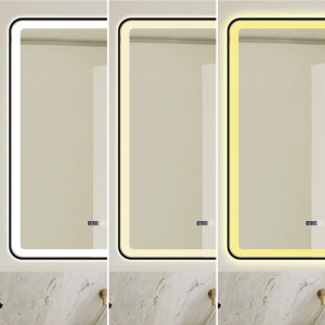 oglindă LED de baie cu ramă din aluminiu, funcție de dezaburire, afișaj digital pentru ceas și termometru, design modern cu colțuri rotunjite