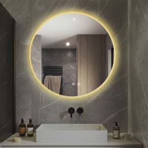 oglindă LED rotundă cu funcție de dezaburire, ceas digital, termometru și trei tipuri de lumină – rece, caldă și neutră