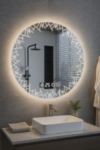 oglindă rotundă ,moderna, cu design minimalist de baie cu ceas digital, funcție dezaburire și iluminare LED rece, caldă și neutră