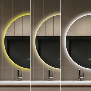 oglindă LED rotunda, moderna,  cu funcție de dezaburire, ceas digital, termometru și trei tipuri de lumină – rece, caldă și neutră