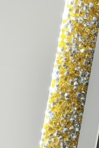 Oglindă rotundă de baie cu iluminare LED  și ramă de sticlă decorată cu strass auriu