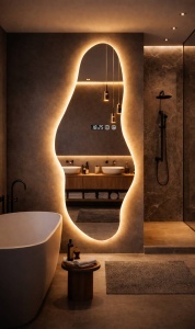Oglinda baie LED forma organica verticala cu iluminare si afisaj digital