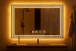 oglindă modernă iluminată LED cu lumină rece, caldă și neutră, ceas și anti-aburire