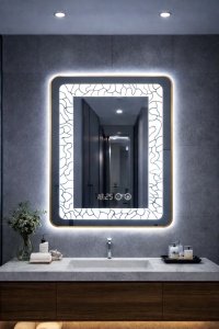 Oglinda LED DECORIALE cu Dezaburire , Ceas si Termometru 80x60cm - "Urbanis"