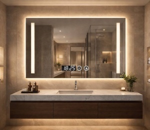 Oglinda baie LED cu iluminare laterala si afisaj digital design modern