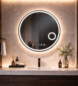 Oglinda LED DECORIALE cu Dezaburire , Ceas , Termometru si Inel pentru Cosmetica 70cm - "Jadis"