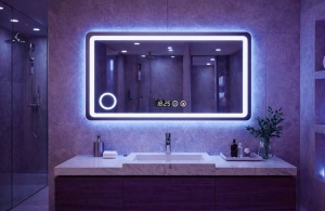 Oglinda decorativa moderna pentru baie cu iluminare LED integrata