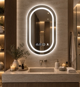 Oglinda baie LED ovala cu iluminare integrata, afisaj digital si senzor de miscare