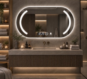 Oglinda moderna pentru baie cu LED, functii smart si senzor de miscare