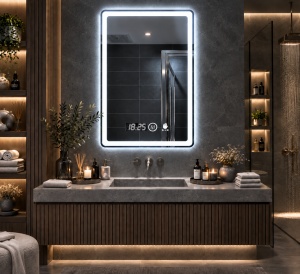 Oglinda moderna pentru baie cu LED, functii smart si senzor de miscare