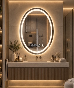 Oglinda LED DECORIALE cu Senzor de Mișcare, Dezaburire, Ceas și Termometru 80x60cm - "Mavo"