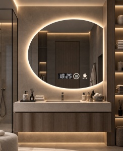 Oglinda LED DECORIALE cu Senzor de Mișcare, Dezaburire, Ceas și Termometru 70x70cm - "Keron"