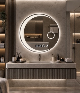 Oglinda LED rotunda pentru baie cu ceas digital, inel luminos pentru cosmetica si senzor de miscare