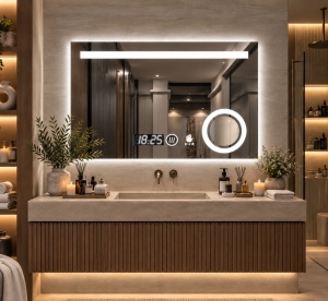 Oglinda moderna pentru baie cu LED, functii smart, inel pentru cosmetica si senzor de miscare