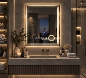Oglinda LED DECORIALE cu Senzor de Mișcare, Dezaburire, Ceas, Termometru și Inel pentru Cosmetica 80x60cm - "Pervaso"