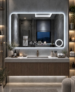 Oglinda moderna pentru baie cu LED, functii smart, inel pentru cosmetica si senzor de miscare