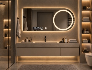 Oglinda LED DECORIALE cu Senzor de Mișcare, Inel pentru Cosmetica, Dezaburire, Ceas și Termometru 90x70cm - "Timor"
