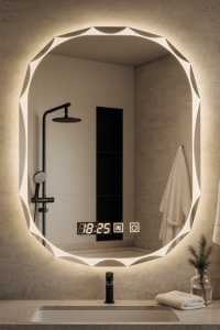 oglindă inteligentă LED ovală cu design unic, lumină rece caldă neutră, ceas și dezaburire