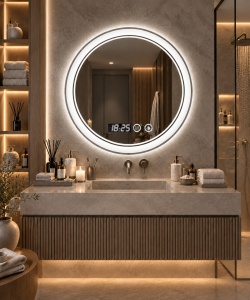 Oglinda baie LED rotunda cu afisaj digital si buton touch, design modern