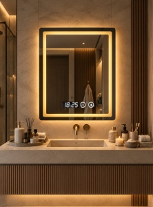 Oglinda LED Touch DECORIALE cu Dezaburire , Ceas si Termometru 80x60cm - "Romena"