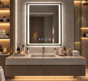 Oglinda baie dreptunghiulara cu LED, display digital si functie touch