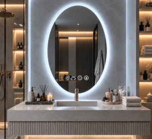 Oglinda baie LED ovala verticala cu afisaj digital si buton touch, design modern