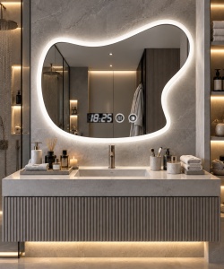 Oglinda baie LED cu forma organica, afisaj digital si buton touch, design modern