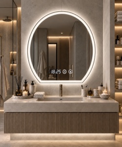Oglinda baie LED ovala cu baza dreapta, afisaj digital si buton touch, design modern