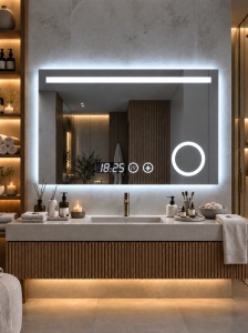 Oglinda LED pentru baie cu inel luminos cosmetic, ceas digital si buton touch