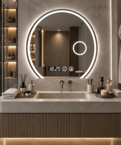 Oglinda baie LED ovala cu baza dreapta, afisaj digital si buton touch, inel luminos pentru cosmetica design modern